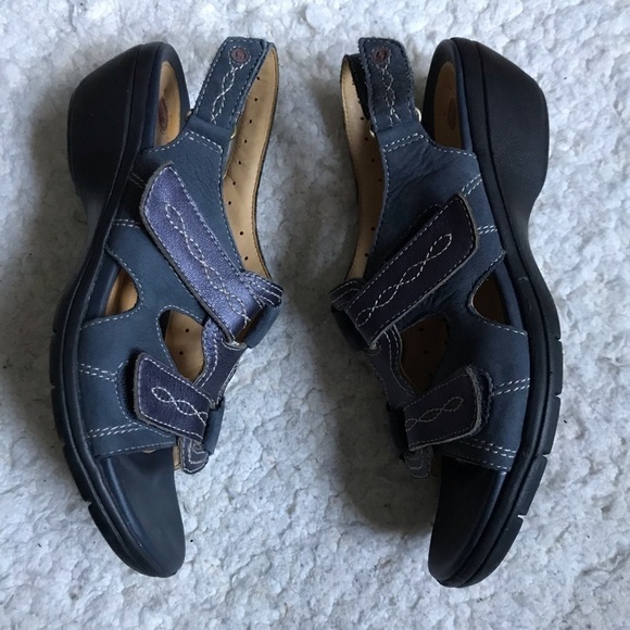 Clarks Unstructured Navy Suede and Metallic Purple Sandals Size 9N - Picture 3 of 12